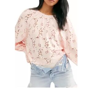 Free People Peachy Pink Olivia Lace Blouse With Flared Sleeves (XS)